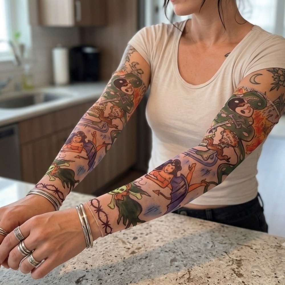 Vintage Style Sheer Mesh Tattoo Sleeves Skulls Snakes Pinup Devil Art 1 Pair